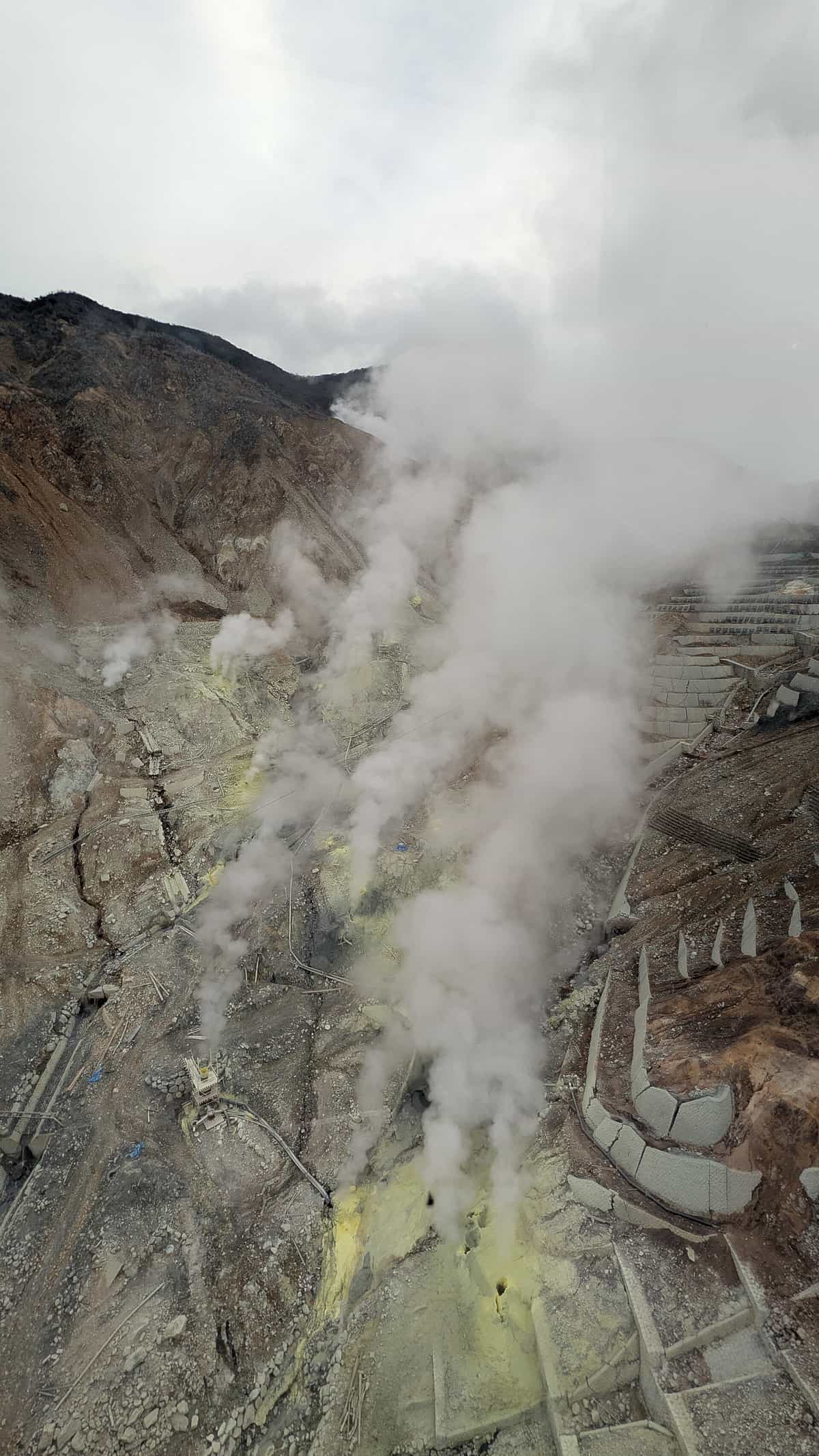 大涌谷火山谷空拍景象,硫磺噴氣柱從山谷地表竄升