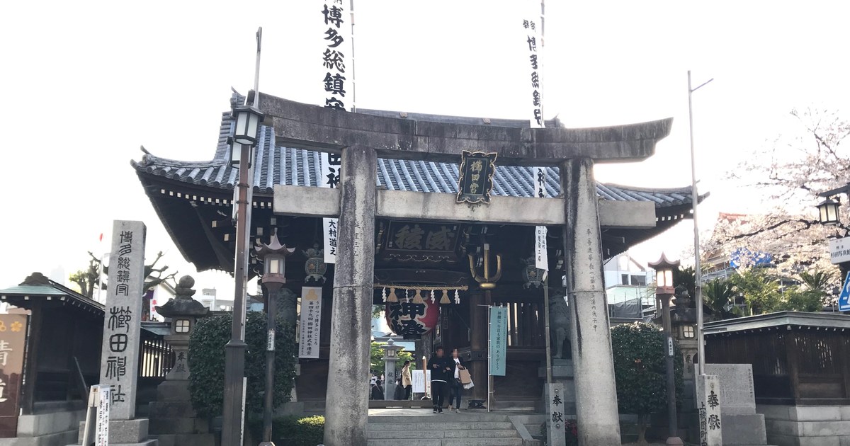 櫛田神社的石造鳥居與木造樓門,兩側白色幟旗寫著「博多総鎮守」,鳥居中央掛著「櫛田宮」匾額,右側櫻花盛開