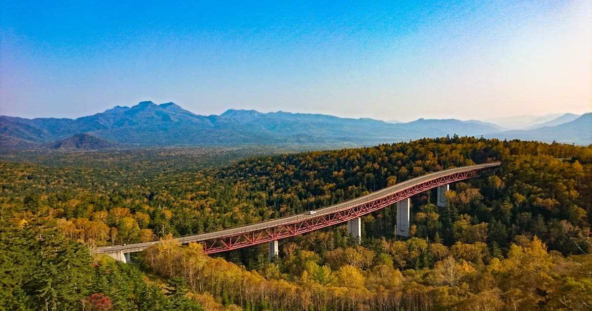 北海道三國峠紅葉公路俯瞰:S 形山道兩側橙黃楓海與遠方大雪山系