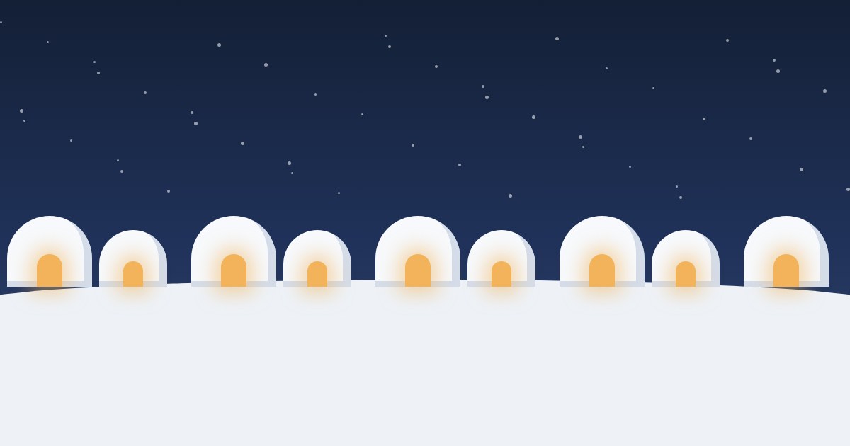 本站自製的插圖：深藍色的夜空飄著細雪，雪地上排著一列九座白色雪屋，每一座的門口都透出橘色的燈光；這不是實拍，會場的照片沒有可以使用的授權