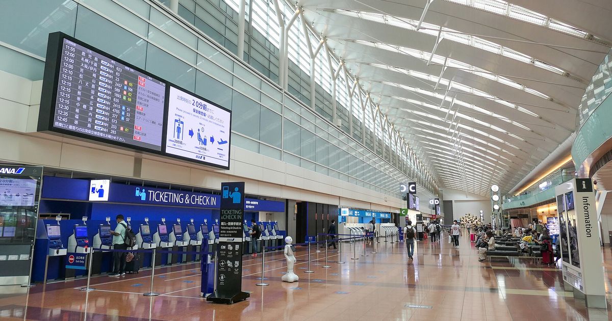 羽田機場 ANA 國內線出發層:一整排藍色的「TICKETING & CHECK IN」自助報到機,上方大型看板列著鹿兒島、札幌、大阪/伊丹、松山、宮古等國內航點的班次與時刻,挑高屋頂有天窗採光,旅客拉著行李走過