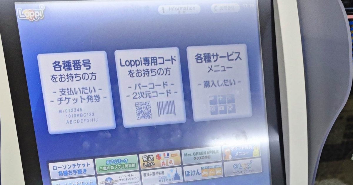 日本超商店內的 Loppi 機台觸控畫面，橫排三個大按鈕：左邊「各種番号をお持ちの方 — 支払いたい／チケット発券」並附上號碼範例，中間「Loppi 専用コードをお持ちの方」附條碼與二維條碼圖示，右邊「各種サービスメニュー — 購入したい」