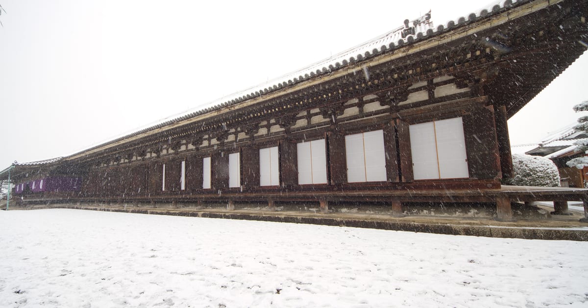 京都東山三十三間堂周邊,一整條瓦頂長廊在落雪中往畫面深處延伸,簷下的白色板門全部關著,前方的空地積滿雪、只有零星腳印,一個人也沒有。