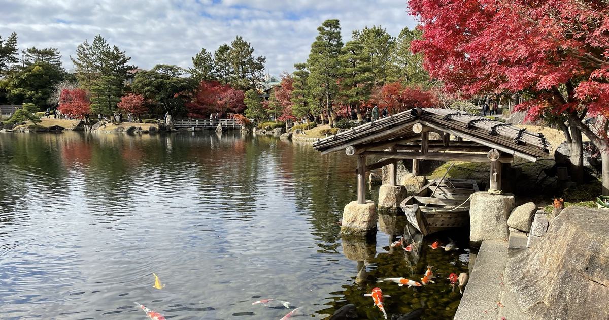 徳川園龍仙湖畔的楓紅與水面倒影,池裡有錦鯉悠游