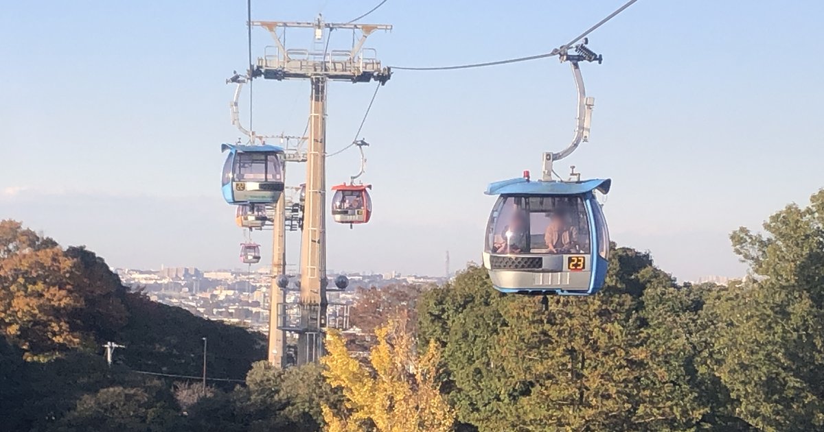 從京王よみうりランド駅上山到讀賣樂園的纜車スカイシャトル:藍色車廂在秋天轉黃的樹林上方,後面是支柱與遠處的市區