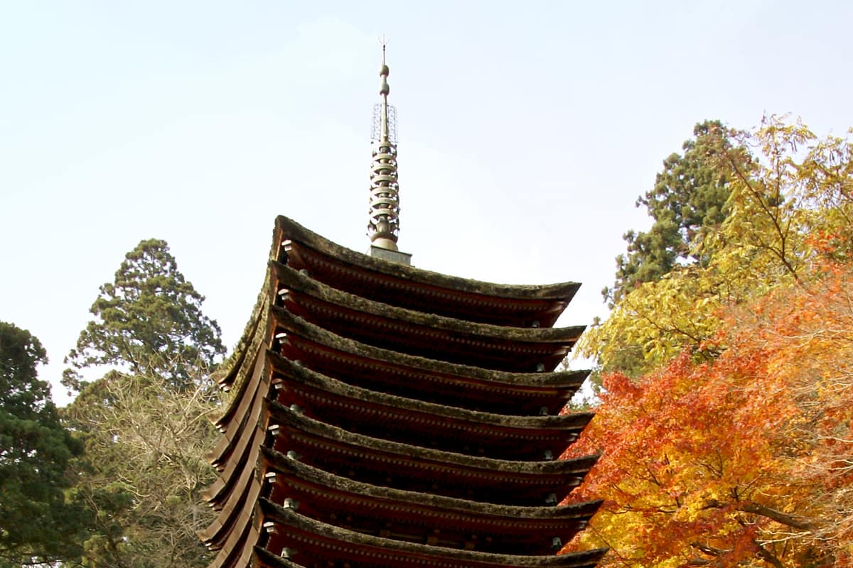 談山神社世界唯一的木造十三重塔與周邊紅葉(示意)