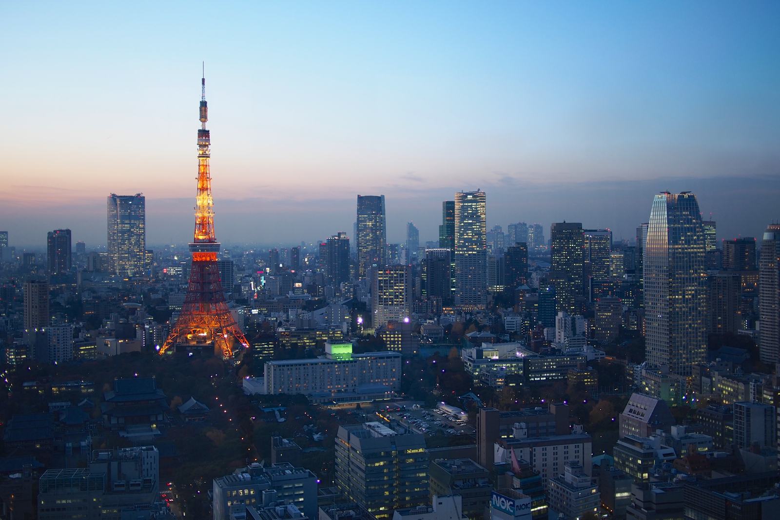 東京鐵塔在藍調時刻點燈，遠景是港區高樓群