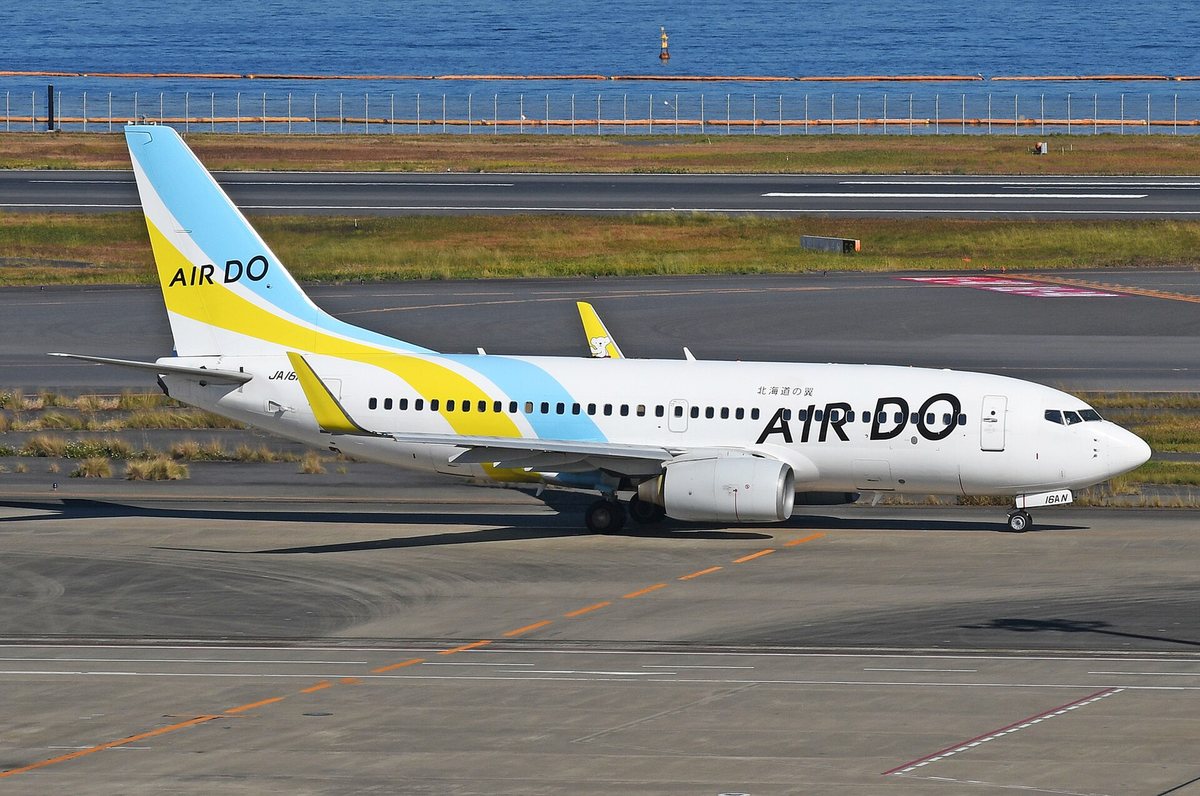 AIRDO 波音 737-700 在羽田機場停機坪滑行,白色機身斜掛黃色與水藍色雙色帶,機頭側面黑字 AIR DO、上方一行小字「北海道の翼」,翼端小翼上畫著一隻白熊,背景是東京灣
