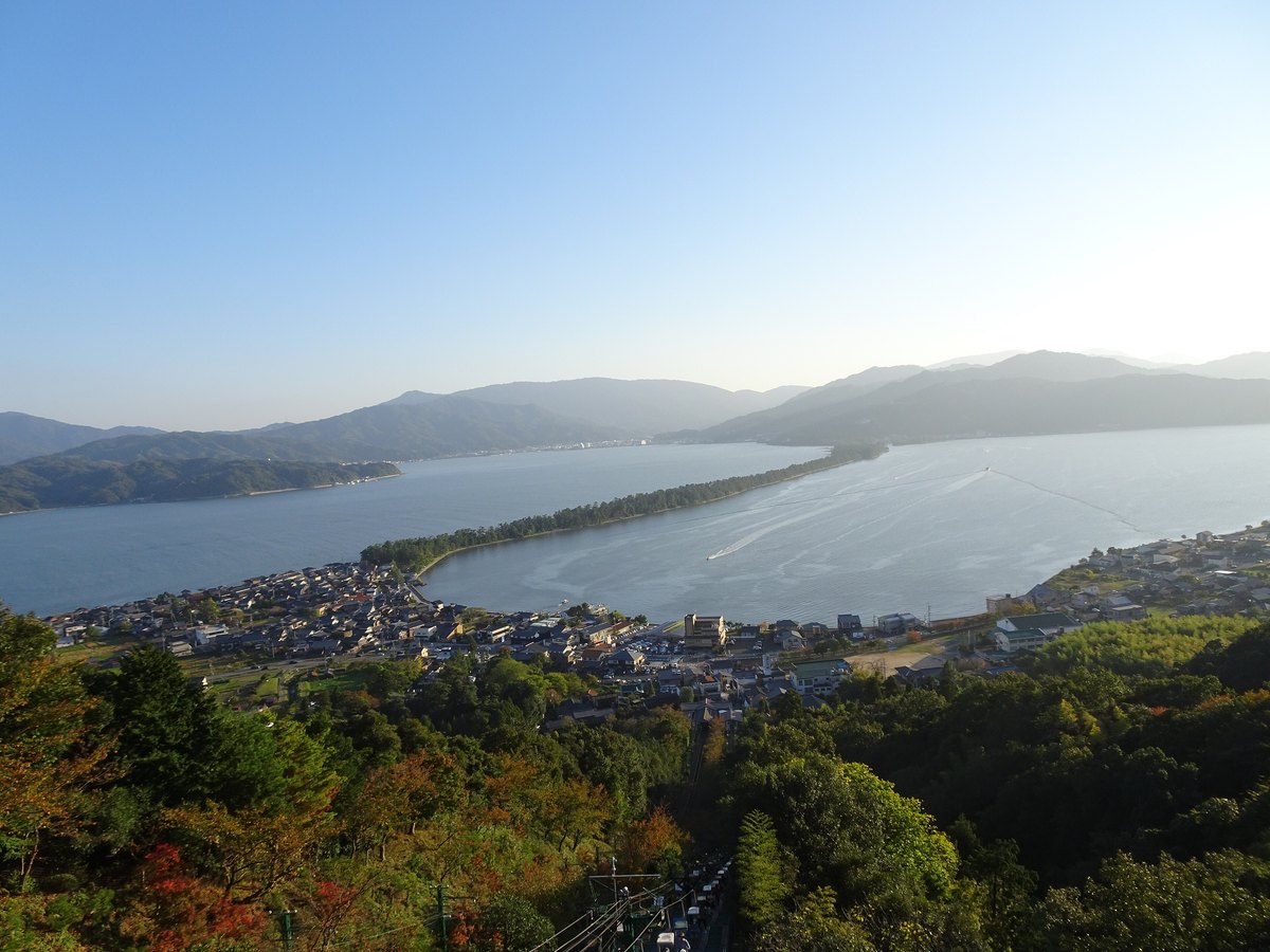 從高處俯瞰天橋立沙洲，松林覆蓋的細長沙洲往遠方對岸延伸，畫面下緣有纜車軌道穿過樹林