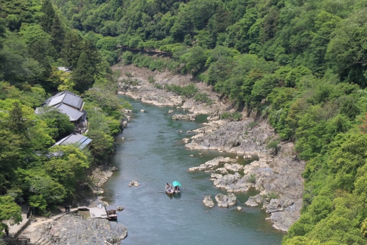保津川下り木造遊船順著急流而下，船伕以長竿撐船
