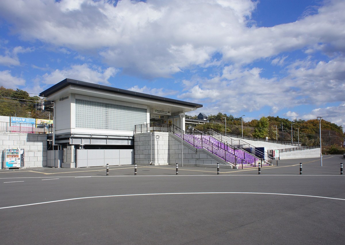 JR 兩毛線あしかがフラワーパーク駅站體外觀，白色高架站房掛著站名標，右側是漆成紫色藤花圖案的階梯