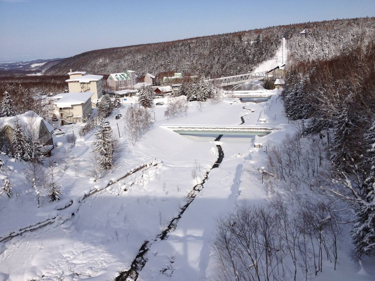 一月晴天從高處看白金溫泉:積雪的山谷裡只有幾棟旅館建築,中間一條小溪流過雪地,後方有拱橋和鋼構橋,山坡上是覆雪的樹林