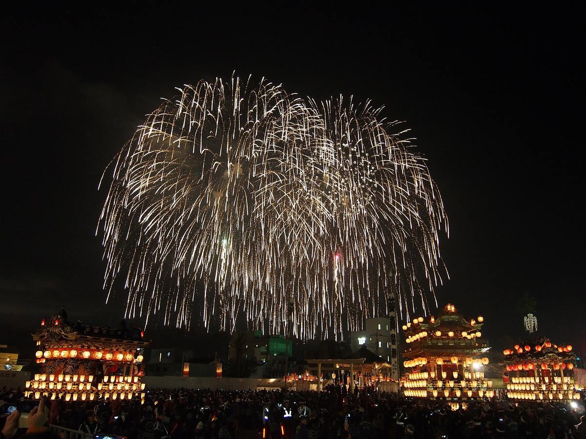 秩父的夜空中一發大型煙火炸開成金色柳枝狀垂落，佔滿畫面上半部；下方停著三座掛滿提灯的屋台，中間隔著一座鳥居與幾棟民宅屋頂，最前方是密密麻麻舉著手機拍照的人群
