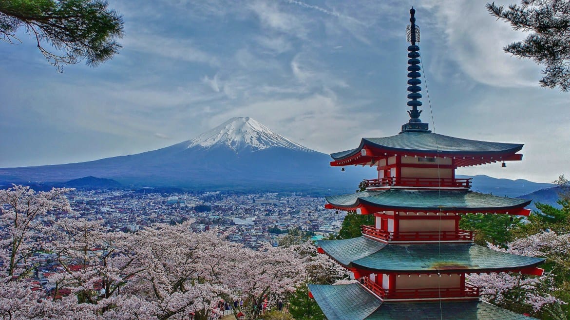 新倉山淺間公園忠靈塔、富士山與櫻花,日本最經典的明信片構圖