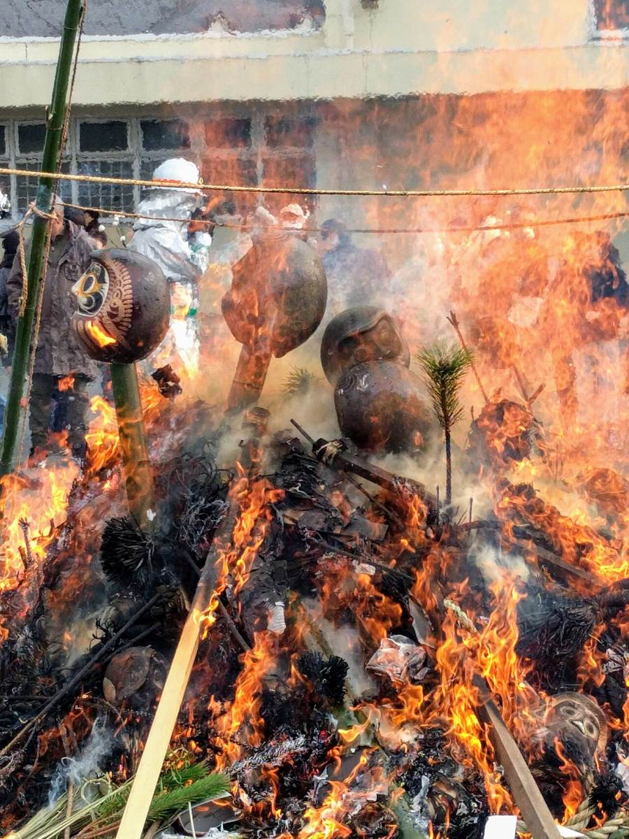 どんど焼き的火堆,達摩、注連飾り與松枝在火焰中焚燒,竹竿上串著整排達摩