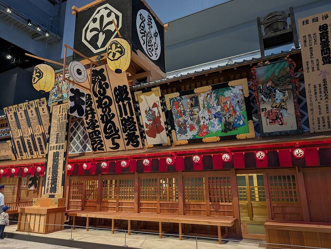 常設展示室內原尺寸復原的中村座正面:黑色櫓幕印著中村座定紋,屋簷下掛一整排紅色小燈籠與黃色大燈籠,正面木格門前排著長條木凳