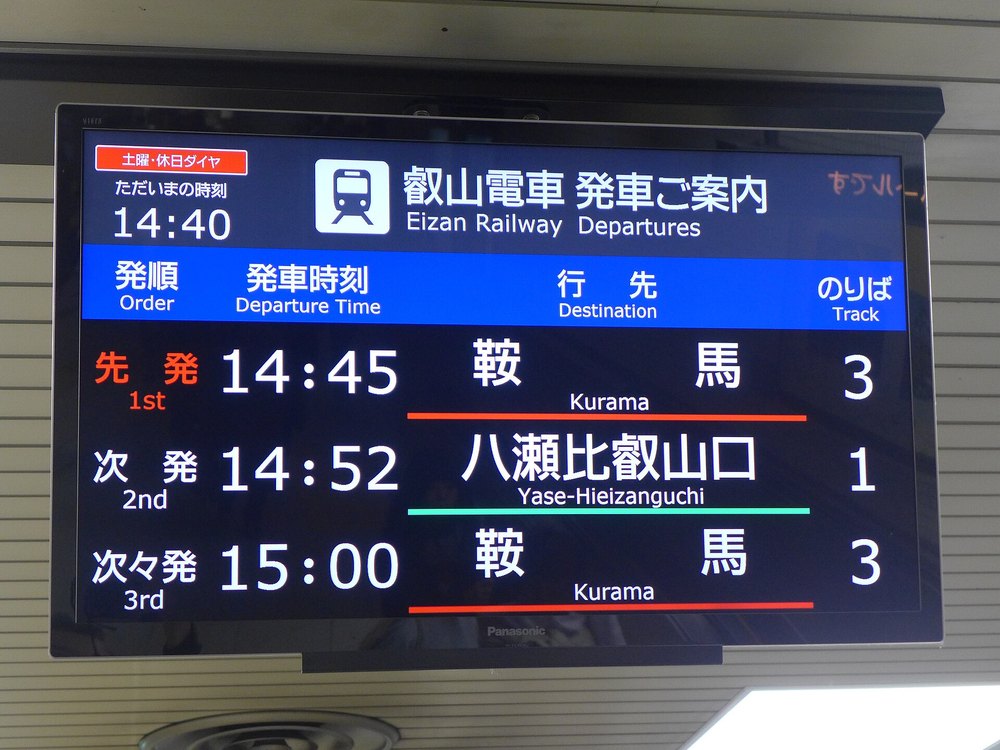出町柳的叡山電車發車看板:左上寫「土曜・休日ダイヤ」與現在時刻 14:40,下面三班依序是 14:45 鞍馬 3 號月台、14:52 八瀬比叡山口 1 號月台、15:00 鞍馬 3 號月台,鞍馬底下畫紅線、八瀬比叡山口畫綠線