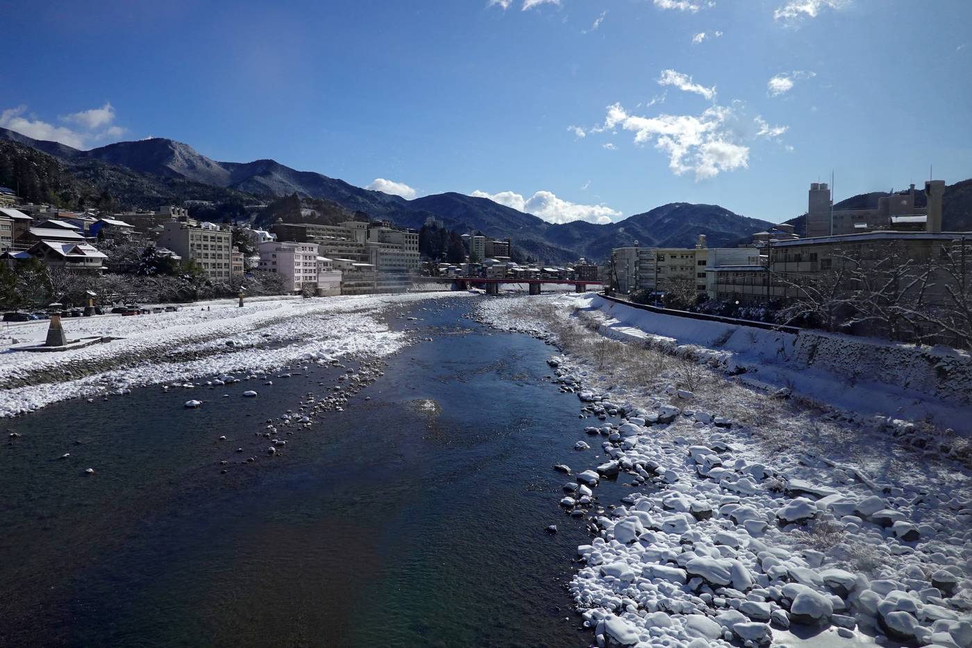 下過雪的晴天，下呂溫泉街的飛驒川：兩岸河灘的石頭積著白雪，左岸是一排溫泉旅館與停著車的河岸，遠處有紅色的橋和山