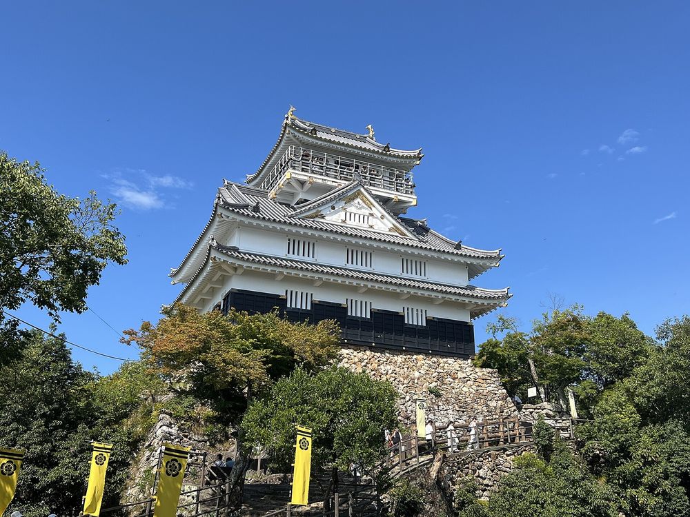 整修前的岐阜城天守(2024 年 8 月):藍天下白牆黑色腰板的三層天守立在石垣上,頂層有一圈觀景迴廊,前方步道兩側插著黃底黑色家紋的旗幟