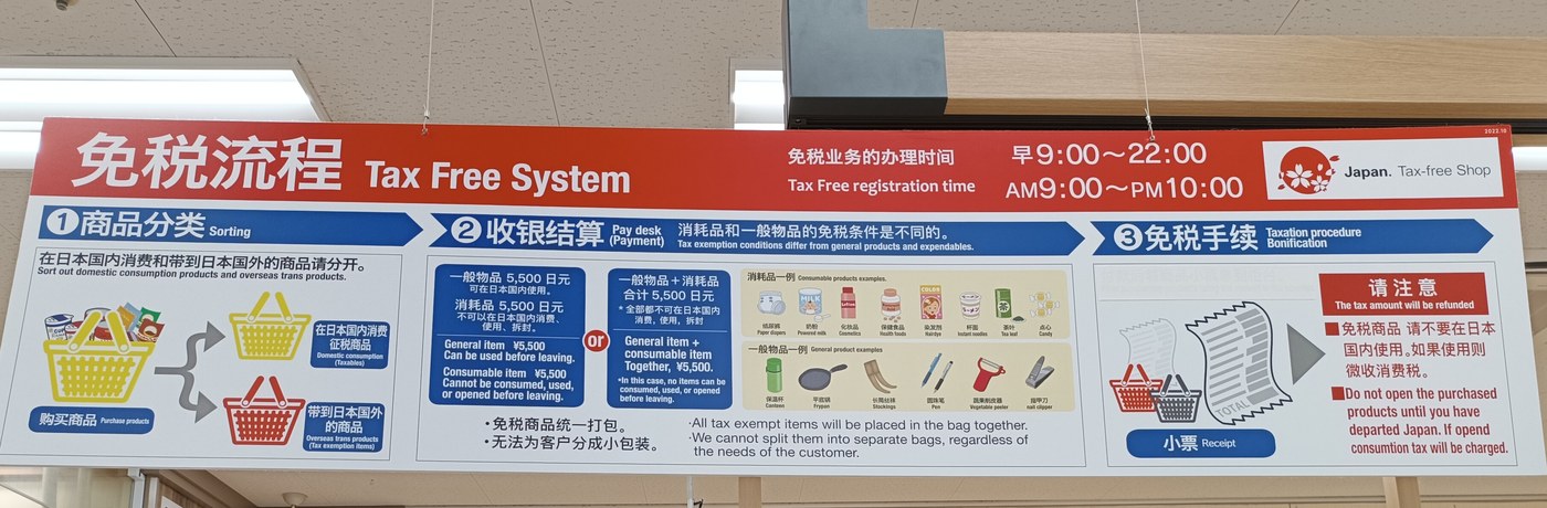 日本商場天花板懸掛的三語「免税流程 Tax Free System」看板,右上角是官方 Japan. Tax-free Shop 櫻花標章,內文標示 5,500 日元門檻