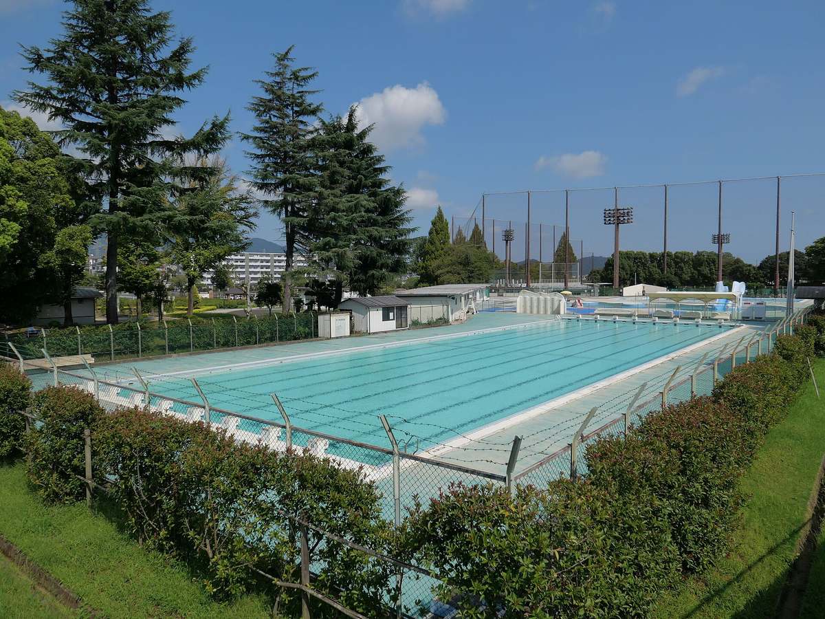 神奈川縣秦野市文化公園的 50 公尺戶外泳池:八條水道的長方形水池注滿水、水面無人,池畔是白色磁磚與矮樹叢圍成的邊界,外圍一圈鐵絲網,遠處有球場的高聳防護網與照明燈桿,天空晴朗