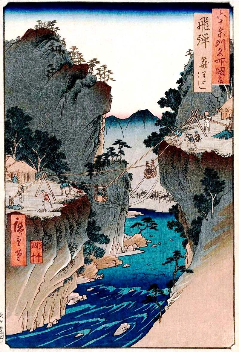 歌川廣重 1853 年浮世繪《六十余州名所図会・飛騨 籠わたし》,描繪飛驒山谷間以吊籠渡河的景象