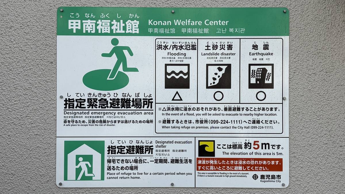 日本街頭的指定緊急避難場所標識牌，綠底白色人形奔跑圖案，下方以圖示標明對應的災害種別
