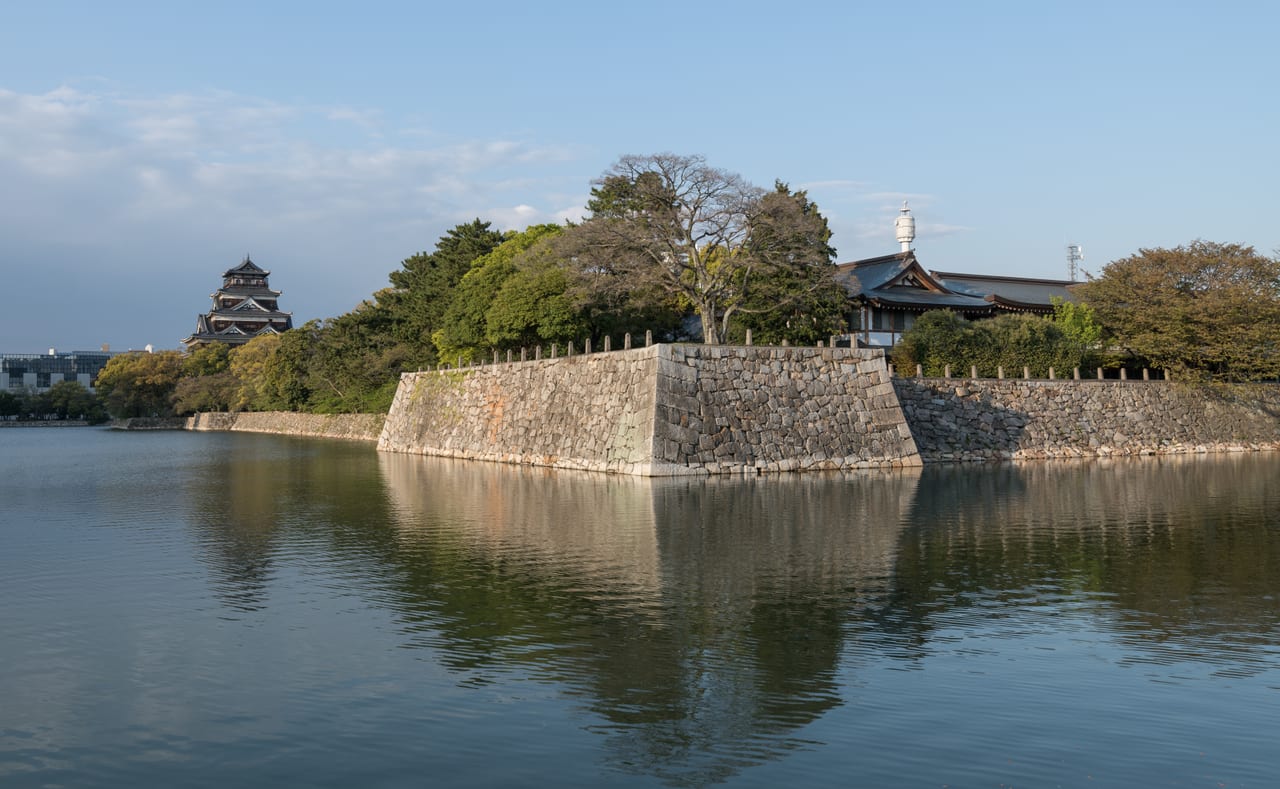 The reconstructed keep of Hiroshima Castle with its moat