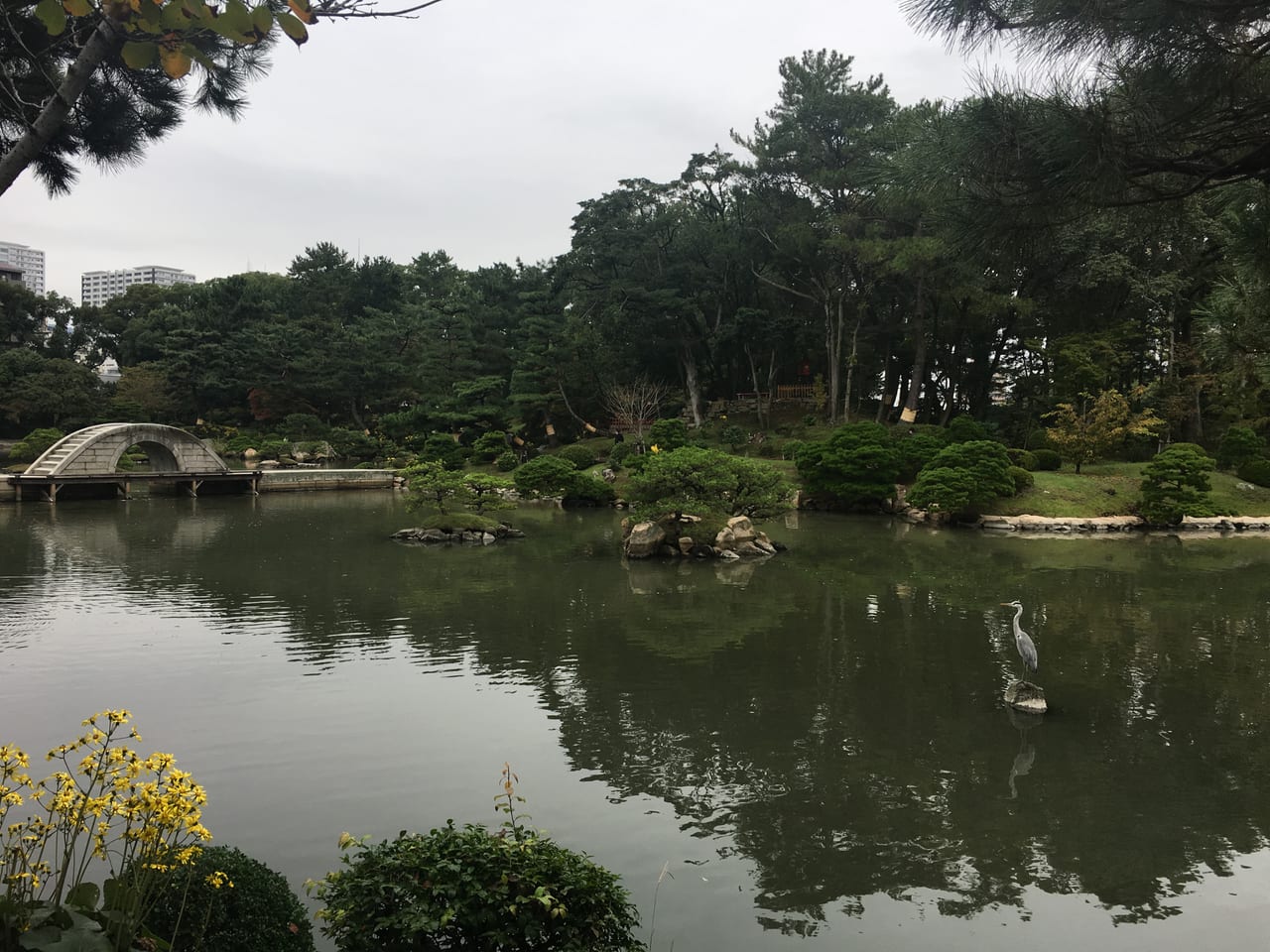 The pond and arched bridge at Shukkeien garden in Hiroshima