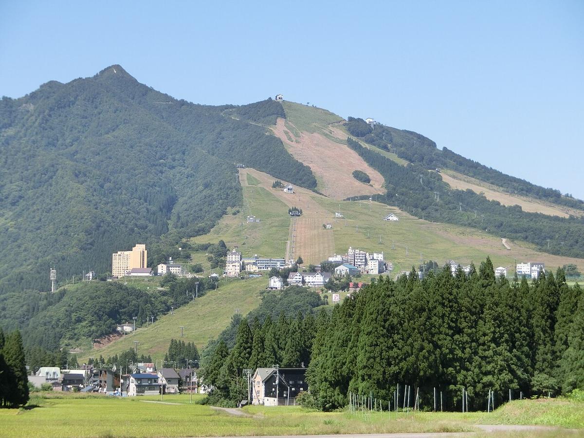 9 月從南邊田地望向岩原滑雪場與飯士山：左邊尖頂的是飯士山，右側山肩上一大片沒有樹的草坡從山頂一路延伸到山腳，坡上立著一列列纜車支柱，山腳是旅館與公寓群，前景是稻田和杉木林