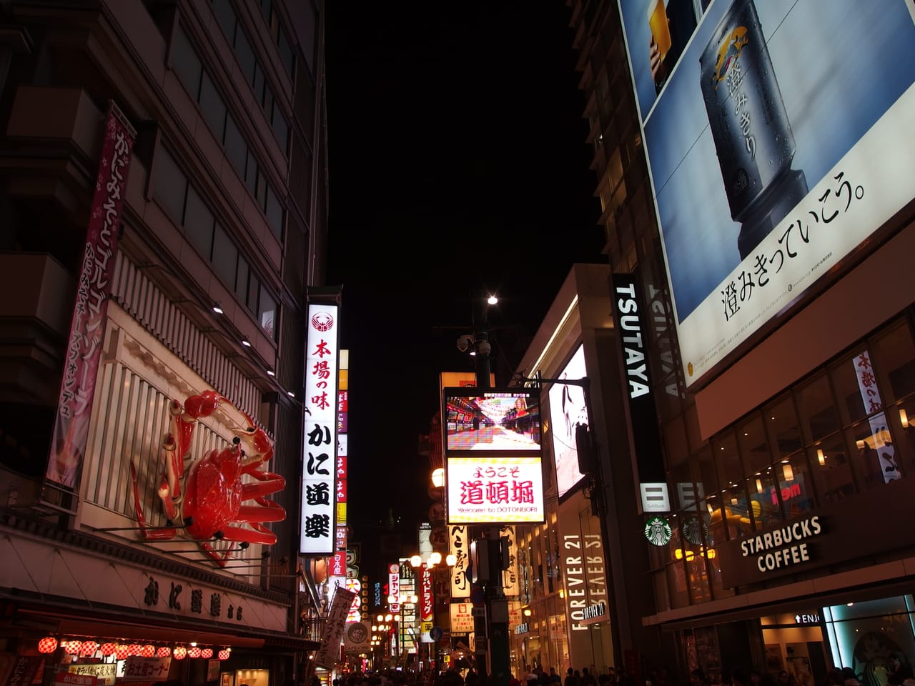 大阪道頓堀夜景:運河兩岸霓虹招牌與固力果跑跑人廣告燈