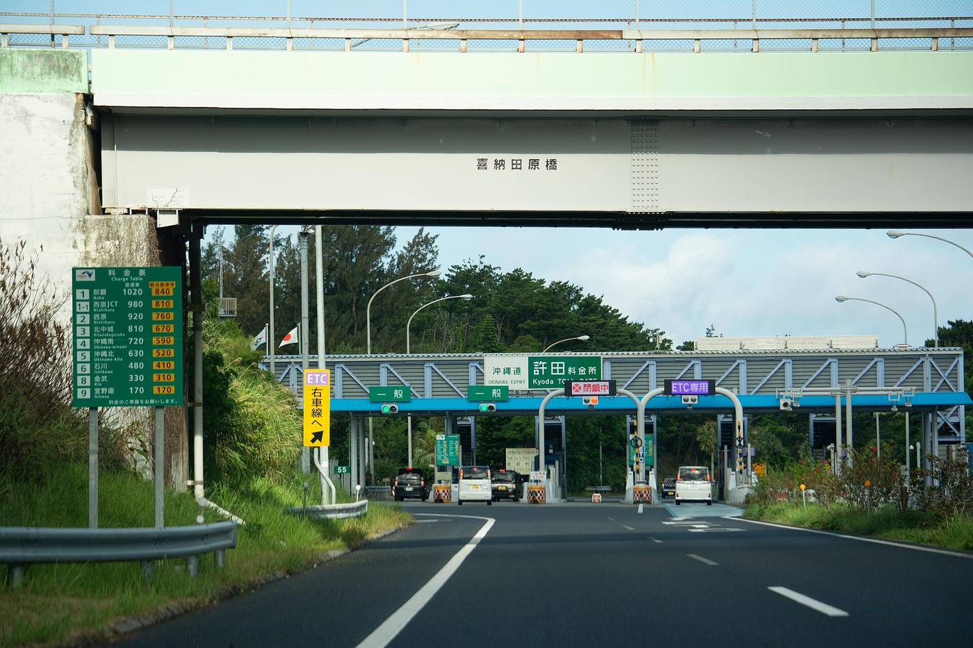 從車上前望沖繩自動車道的許田收費站,綠底白字的門架寫著「沖縄道 許田料金所 Kyoda TOLL GATE」,兩側車道分別標示「一般」與紫底的「ETC専用」,左前方立著一面綠色料金表看板,最上方橫跨畫面的是寫著「喜納田原橋」的天橋