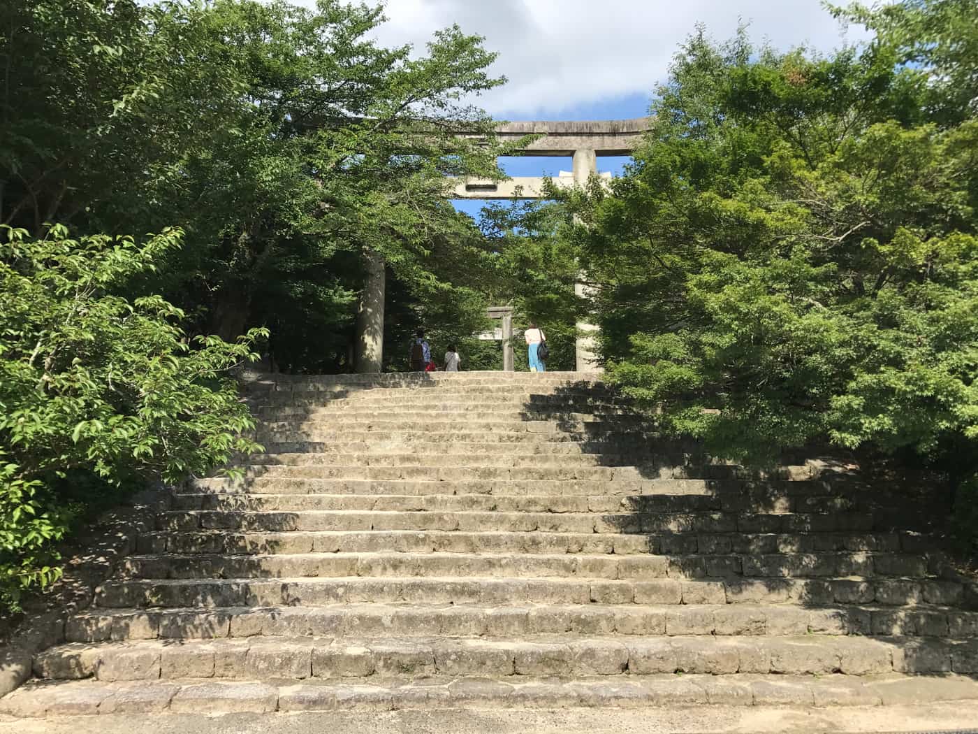寶滿宮竈門神社參道鳥居與石階，兩側是寶滿山麓的樹林