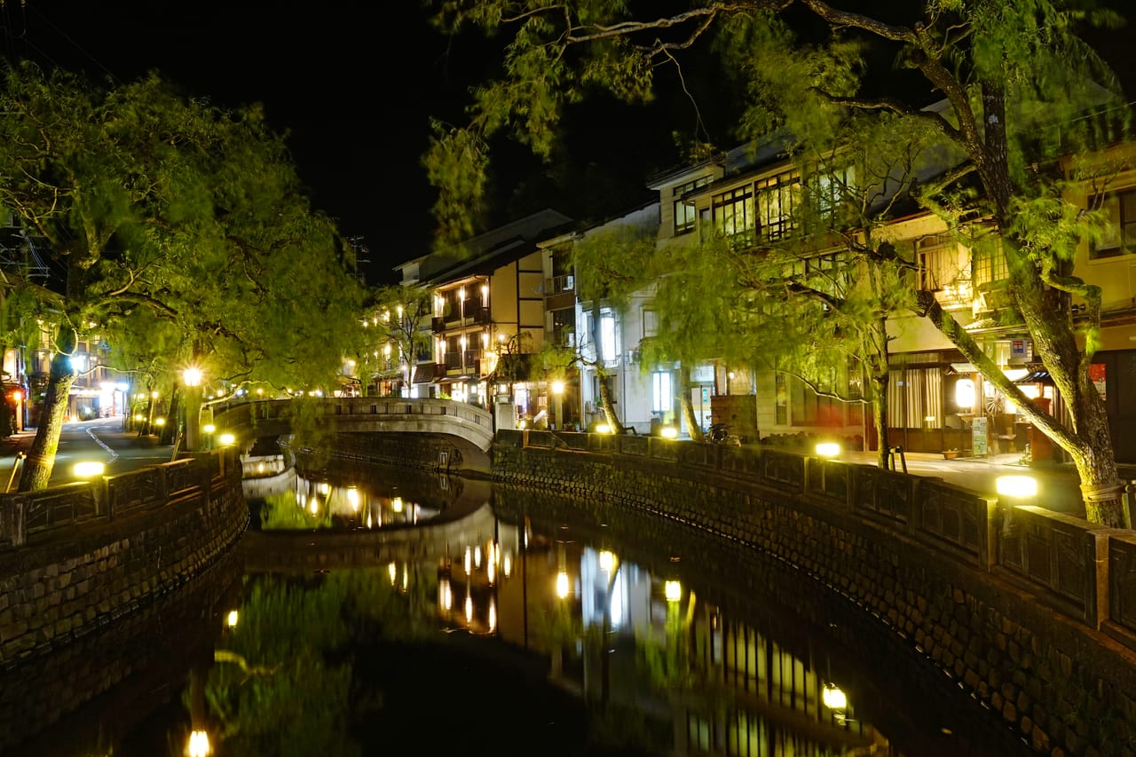 城崎溫泉大谿川垂柳夾岸的溫泉街景,穿浴衣巡外湯的代表畫面