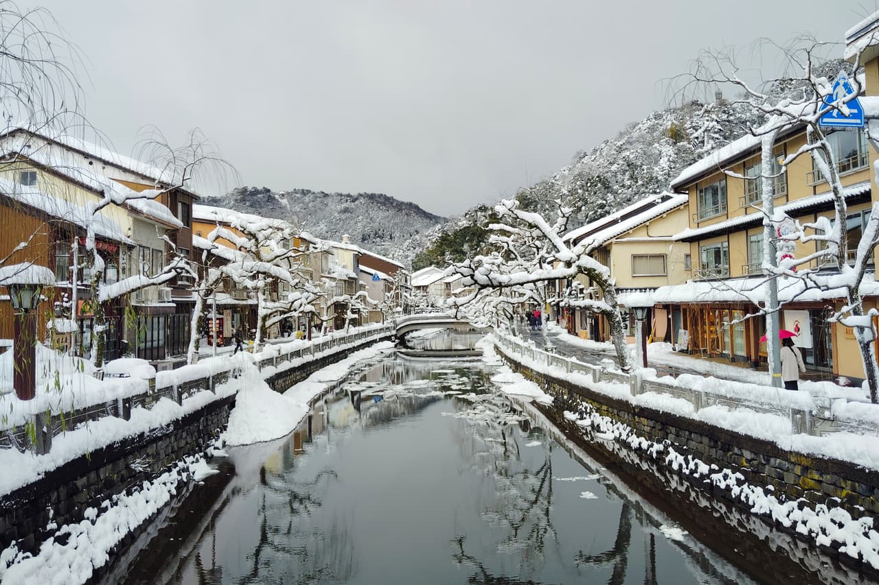 城崎溫泉大谿川兩岸的垂柳與石橋,溫泉街的代表風景