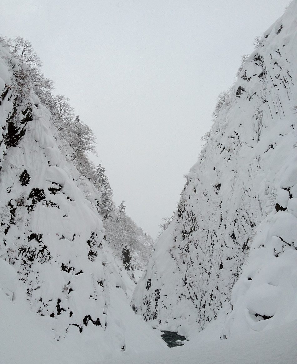 嚴冬的清津峽:兩側陡峭的柱狀節理岩壁被厚雪整片裹住,雪順著岩面的凹凸堆成一坨坨的圓弧,只有少數黑色岩塊露出來。峽谷在畫面中央收束成一道窄縫,縫底露出一小段深色的溪水,谷口的落葉樹與杉木上也掛滿雪,天空是一片白