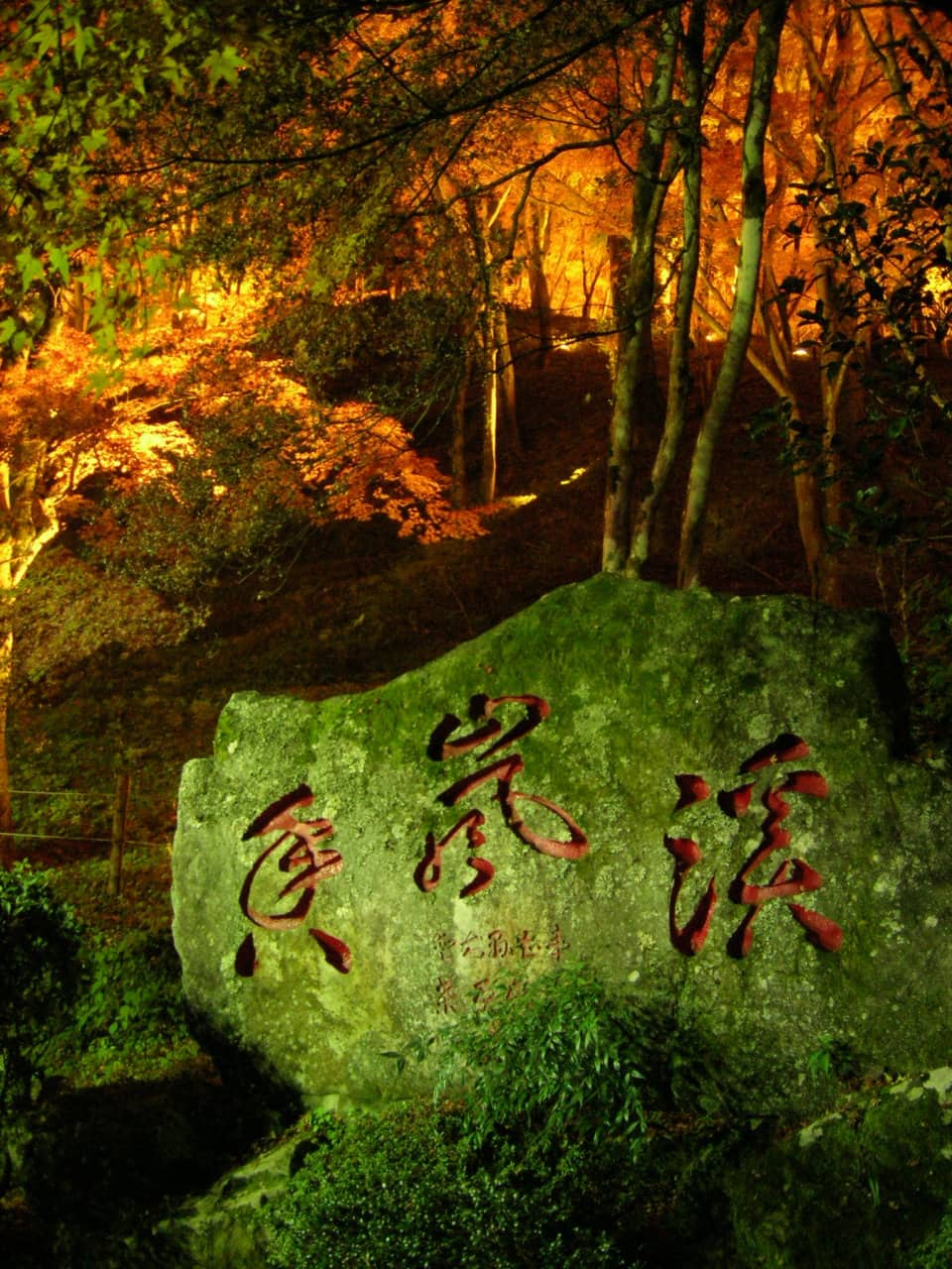 香嵐溪夜楓點燈:刻著香嵐溪三字的石碑後方,整面山坡的楓樹被燈光打成橘紅色