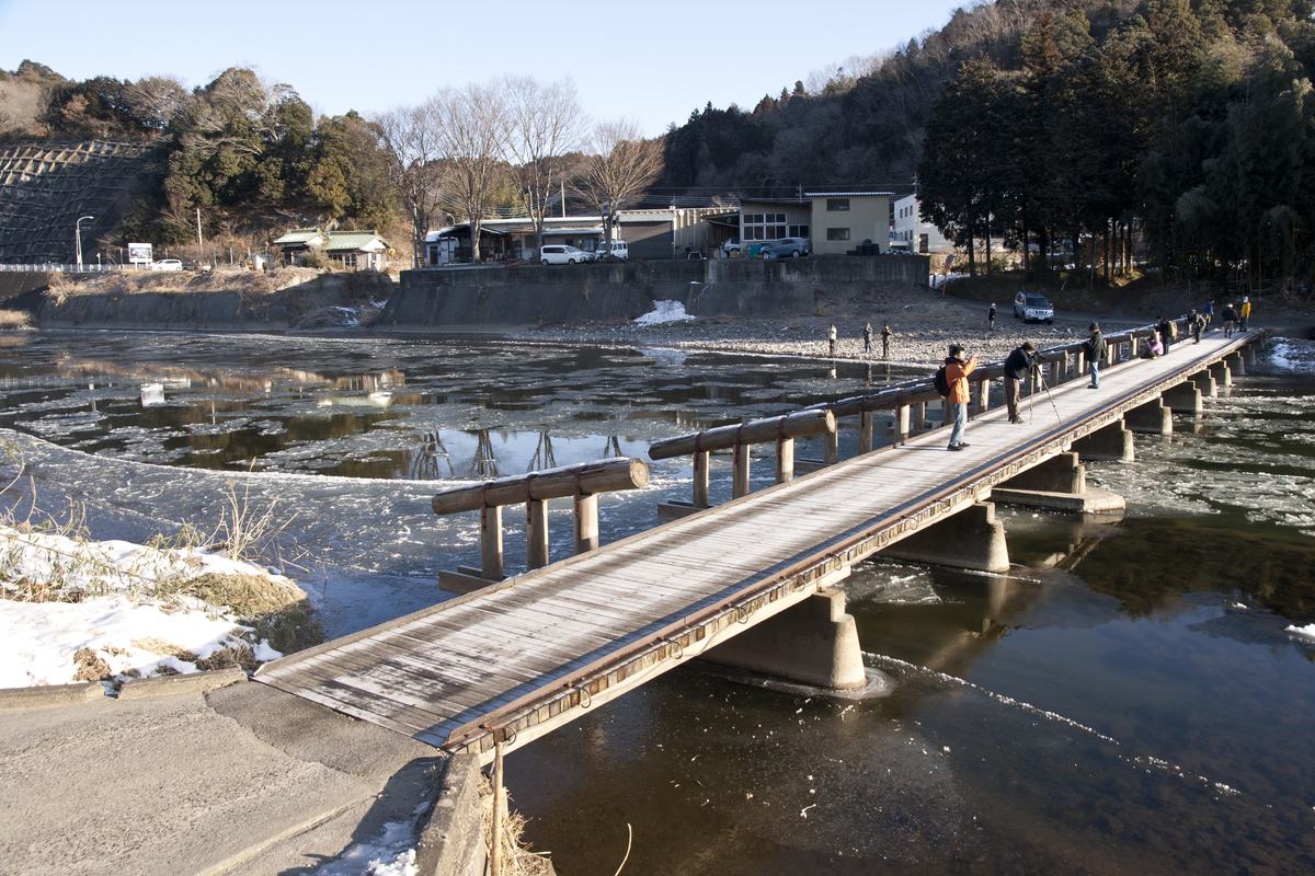 久慈川上的久野瀬橋:貼近水面的木板橋,單側一道圓木扶手,橋上一排帶腳架的拍照者,上游河面漂滿碎冰,對岸是民宅與停車空地
