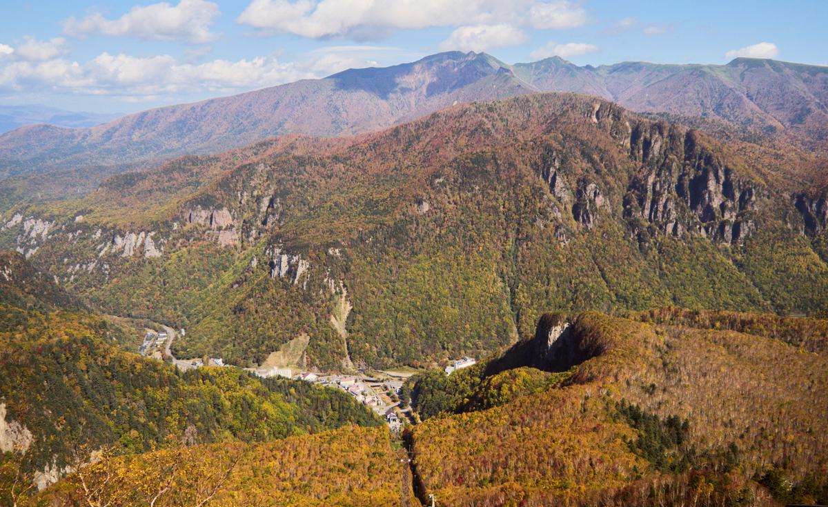 從黑岳高處俯瞰層雲峽:谷底的溫泉街與纜車路線、兩側柱狀斷崖與金黃紅褐交錯的秋林,遠方為大雪山稜線
