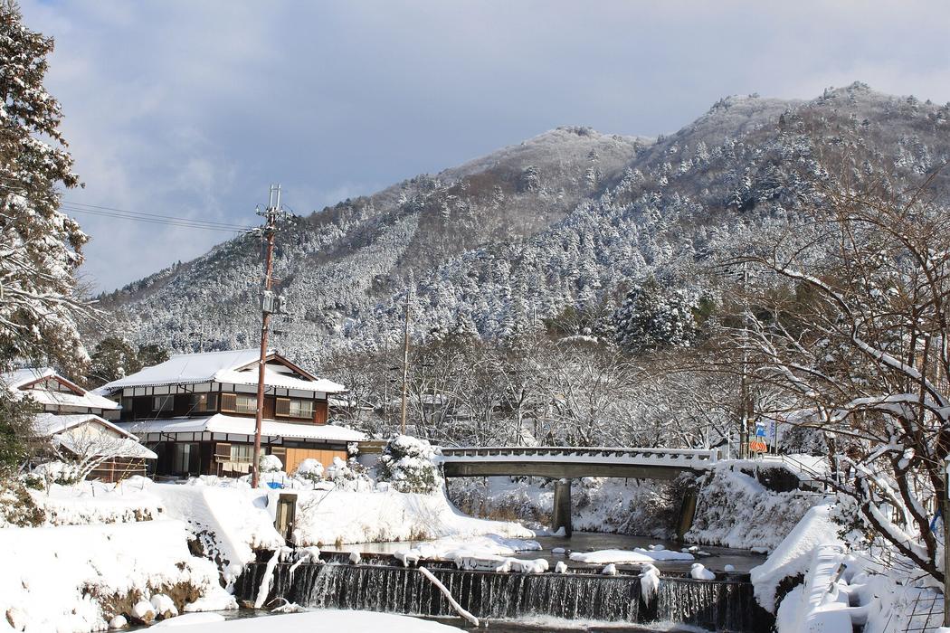 大原的溪谷聚落：木造民宿與屋頂積著厚雪，一座混凝土拱橋跨過溪流，溪水還在流動，背後整片山坡的杉林覆著白雪，天空有藍色