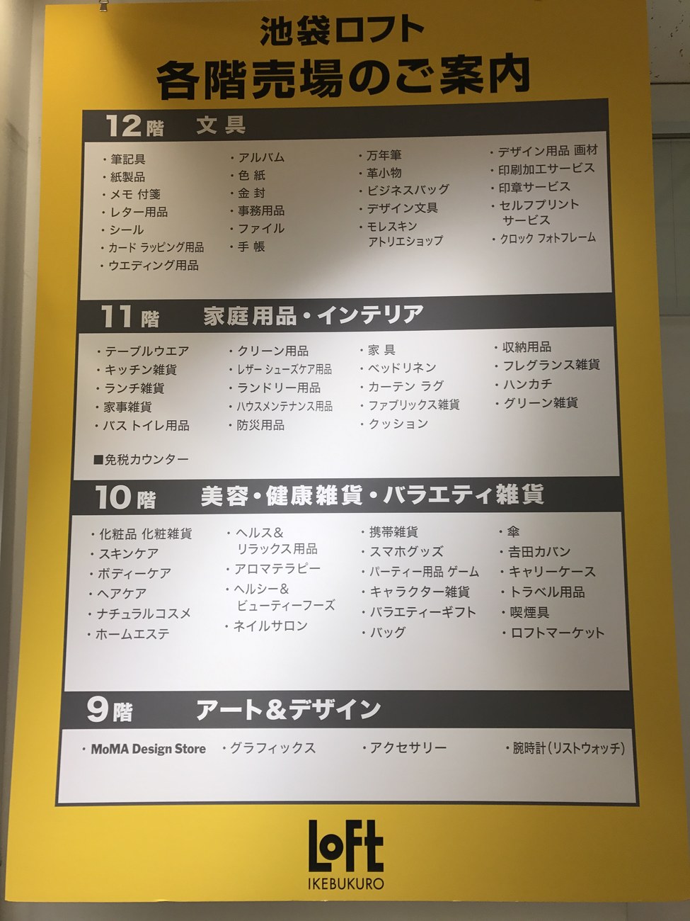 池袋 Loft 的樓層指南看板，11 樓那列標著免税カウンター