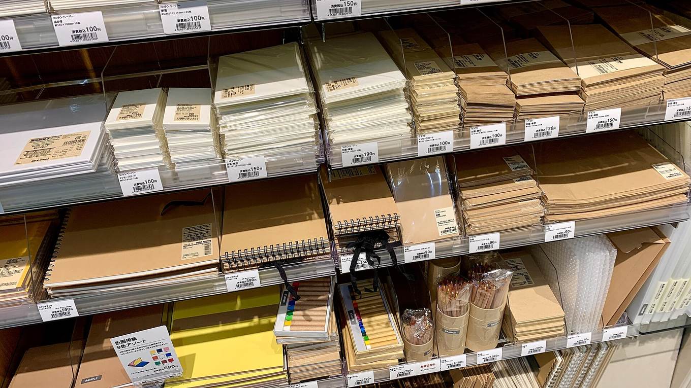 無印良品店內商品的價格標籤與陳列架