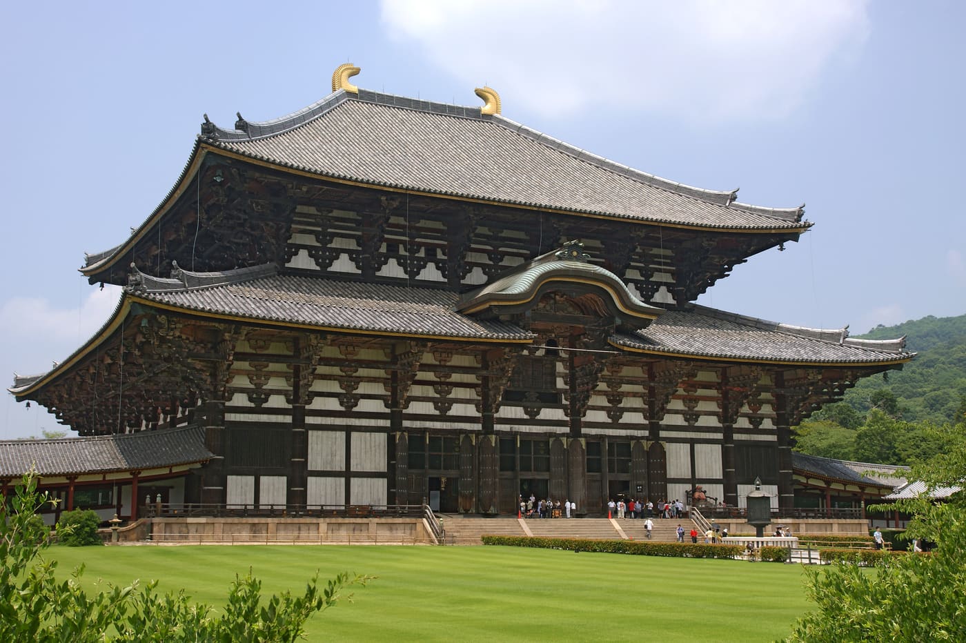 奈良東大寺大佛殿全景,前方大片草坪與鏡池一帶的綠地