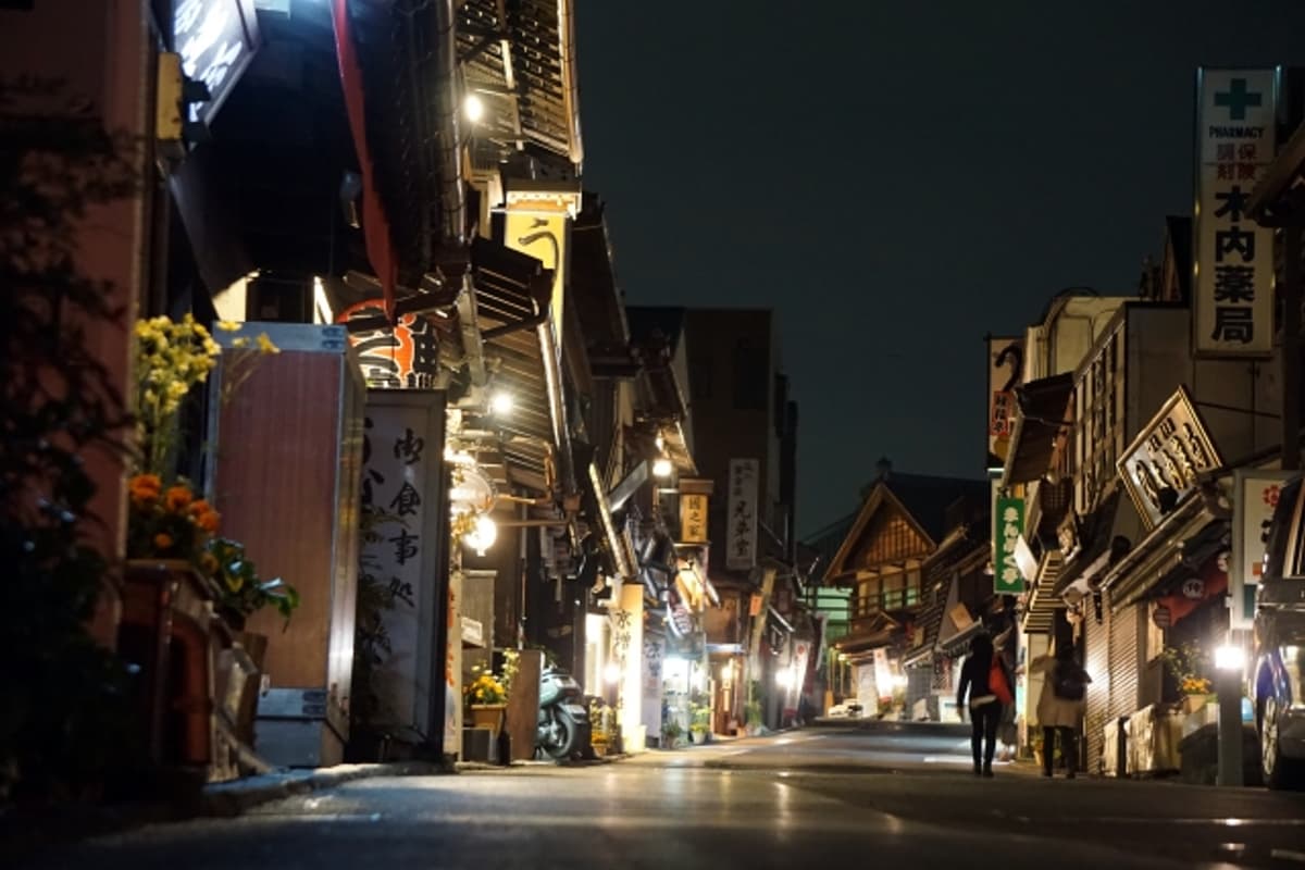 成田山表參道夜晚石板路、木造老町屋、燈籠燈光——店家都關了但氛圍仍在