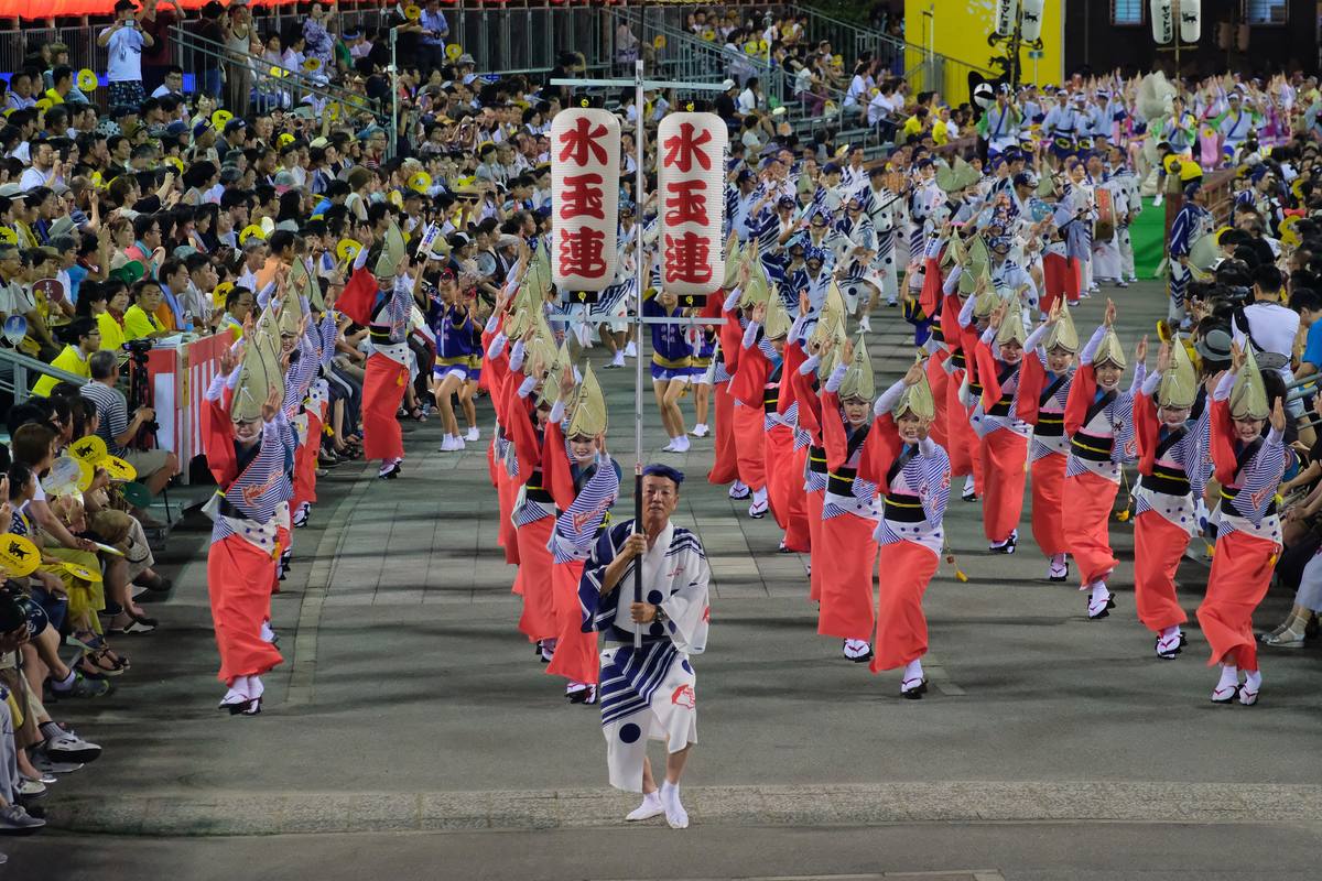 德島市阿波おどり：女踊り舞者戴著半月形編笠、穿浴衣踮腳成一列在夜間街道前進，兩側觀眾席與看板燈光明亮