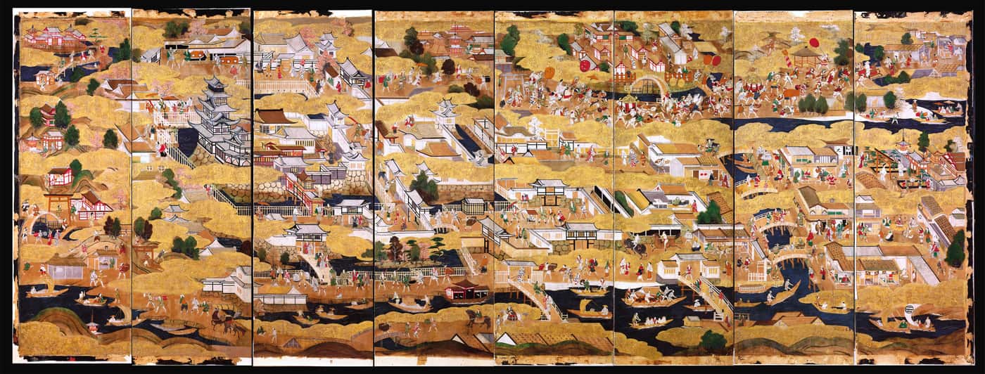 大坂図屏風描繪的豐臣時代大坂城下町全景,可見第一代天守與武家屋敷、河川舟運
