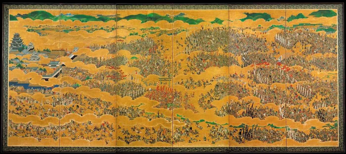 大坂夏の陣図屏風(黒田屏風)描繪 1615 年大坂夏之陣,畫面可見燒失前的第一代天守