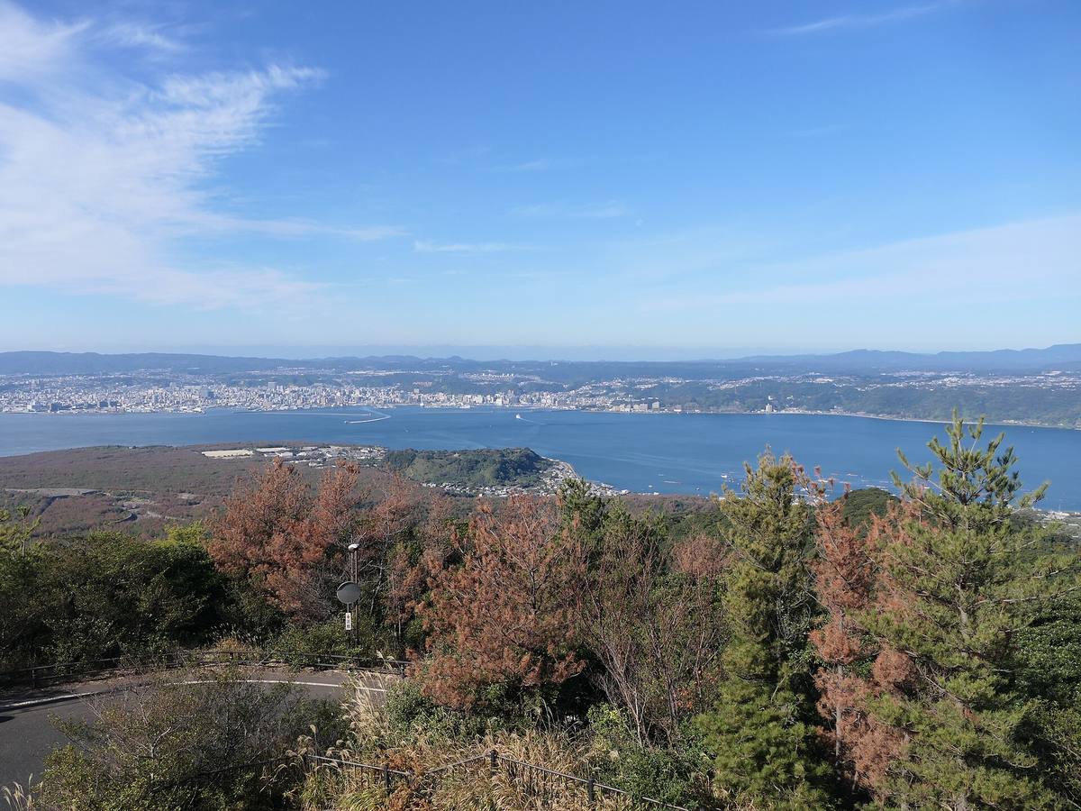 從櫻島湯之平展望所往西看錦江灣與對岸的鹿兒島市區,前景是展望所旁的車道與坡上林木