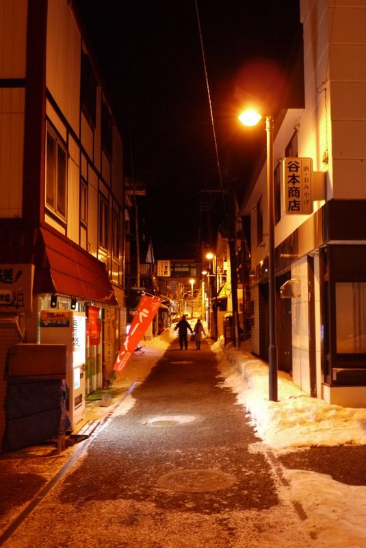下過雪的夜晚,支笏湖溫泉街的一條窄街:路兩旁堆著雪,橘黃色的路燈照著路面,右邊建物掛著「谷本商店 酒・おみやげ」的招牌,左邊有紅色遮雨棚、自動販賣機和紅色旗幟,遠處兩個人並肩走著的背影