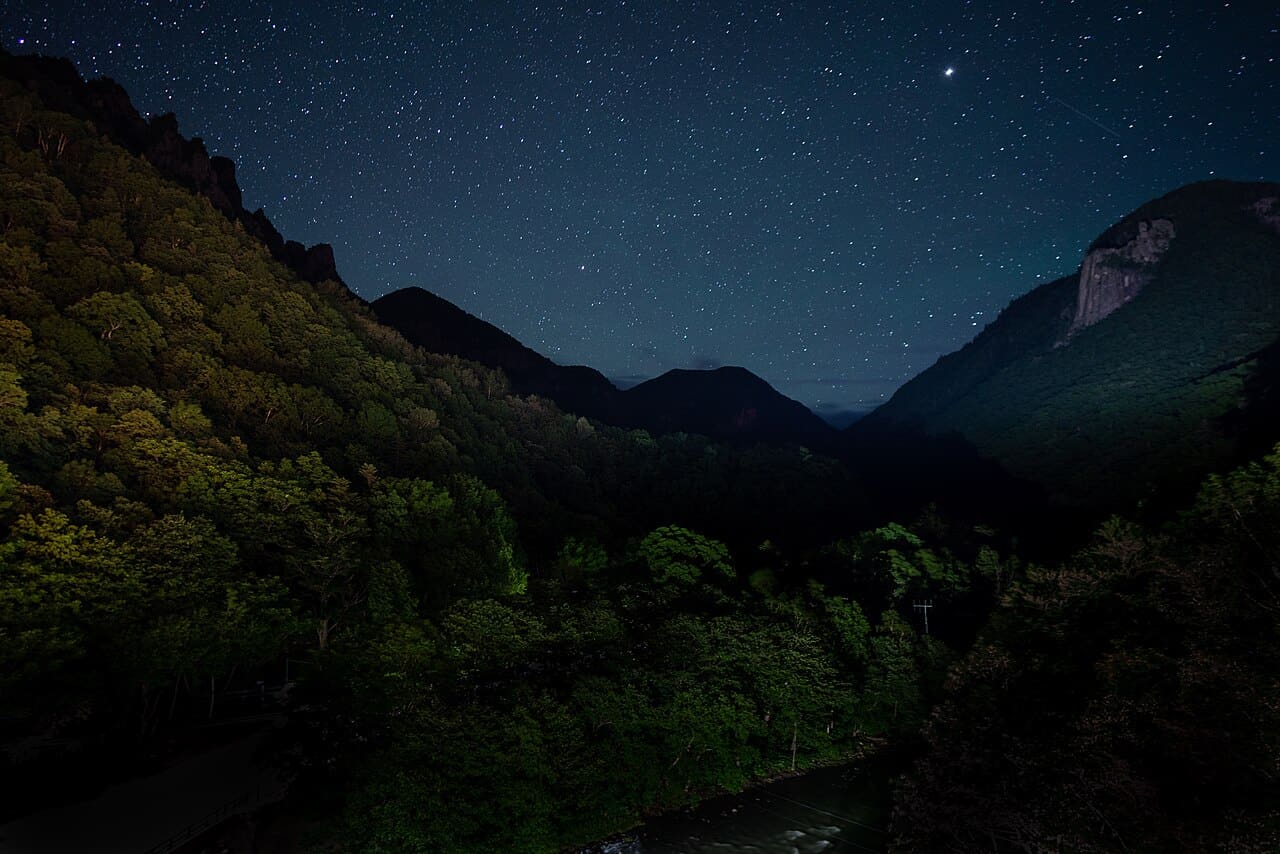 層雲峽夏季夜空布滿星星,星光下是峽谷兩側的山影與森林